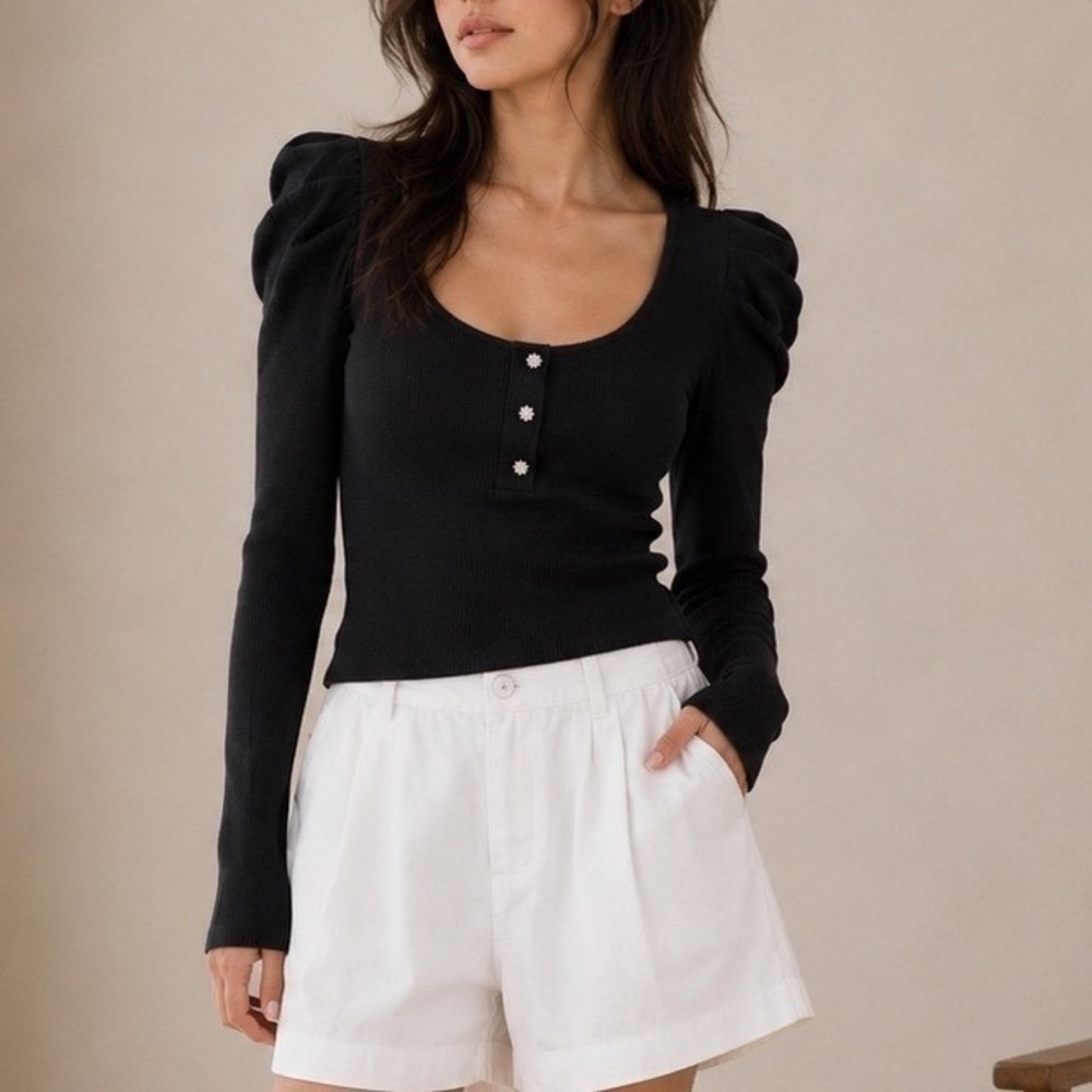 Cinq a Sept Ribbed Puff Sleeve Top Womens Small Black‎ Rhinestone Party Y2K